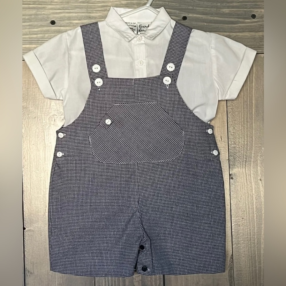 Sarah Louise England Boys Shortall Romper Shirt 2 Pc Set Outfit 6 Mo 66 cm NEW